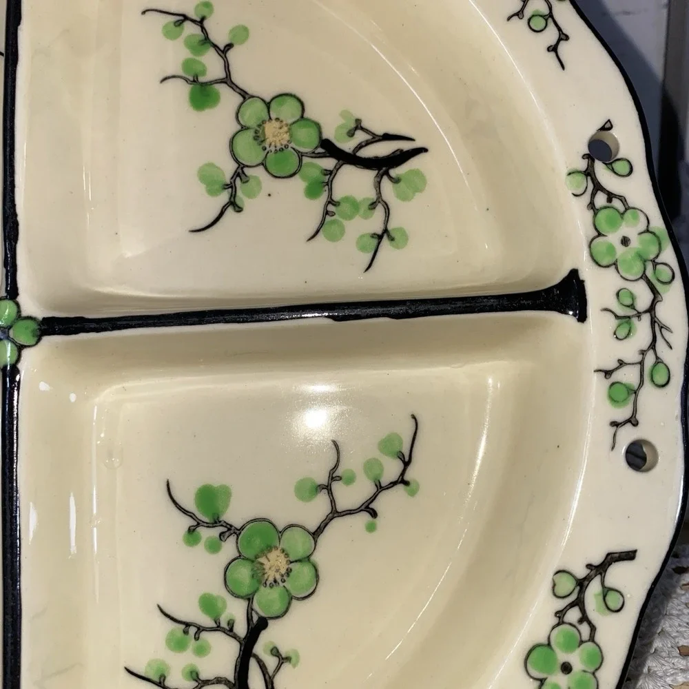 Antique Moriyama Green Cherry Blossom 4 Divider Dish Hand Painted Japan 1920-30s